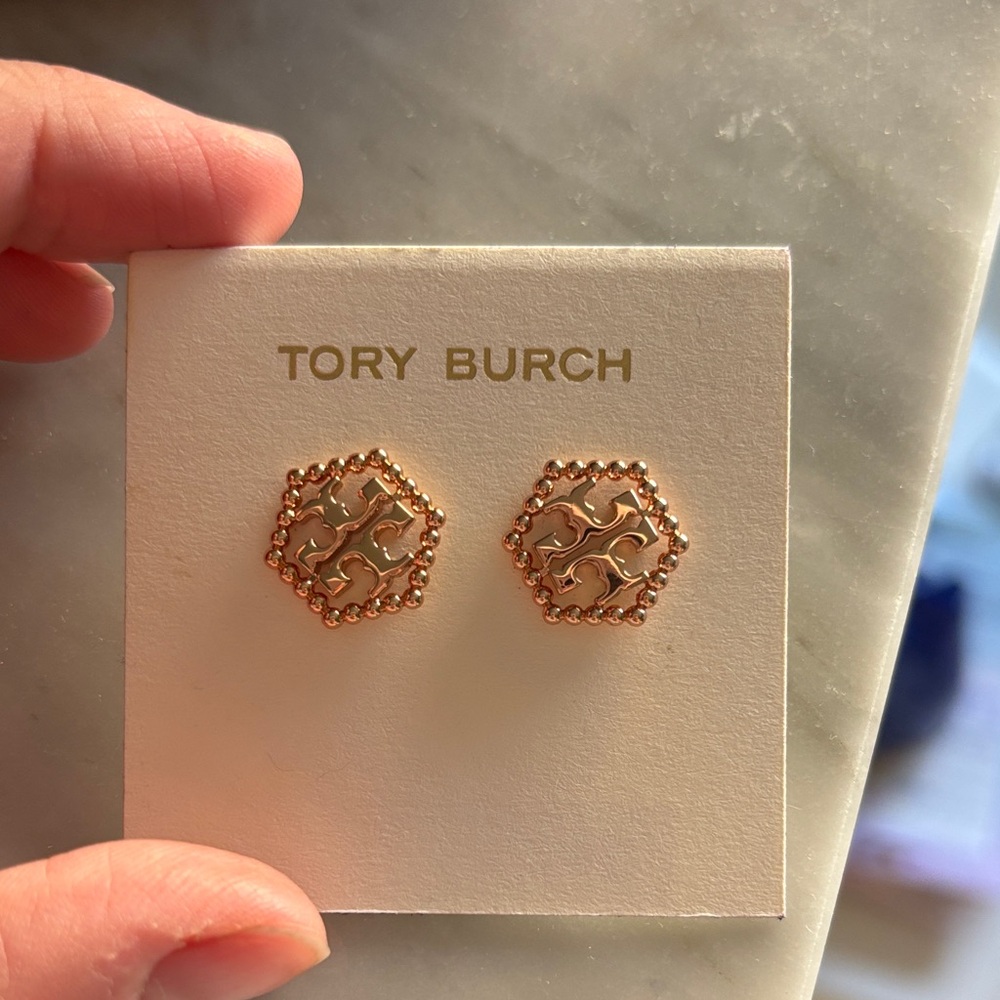 Tory Burch Milgraun hex Gold Stud Earrings rose gold